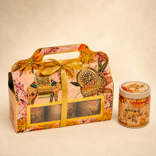 Luxury Camel Print Foldable Paper Gift Box with three matching premium tin jars and vacuum-seal lids for festive gifting. Heritage-inspired paper gift box measuring 10x4x10 inches for dry fruits, chocolates, sweets, gourmet foods, and corporate gift hampers