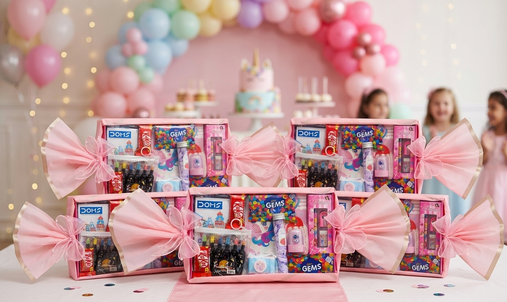 Theme-based kids gift hamper with chocolates and activity products