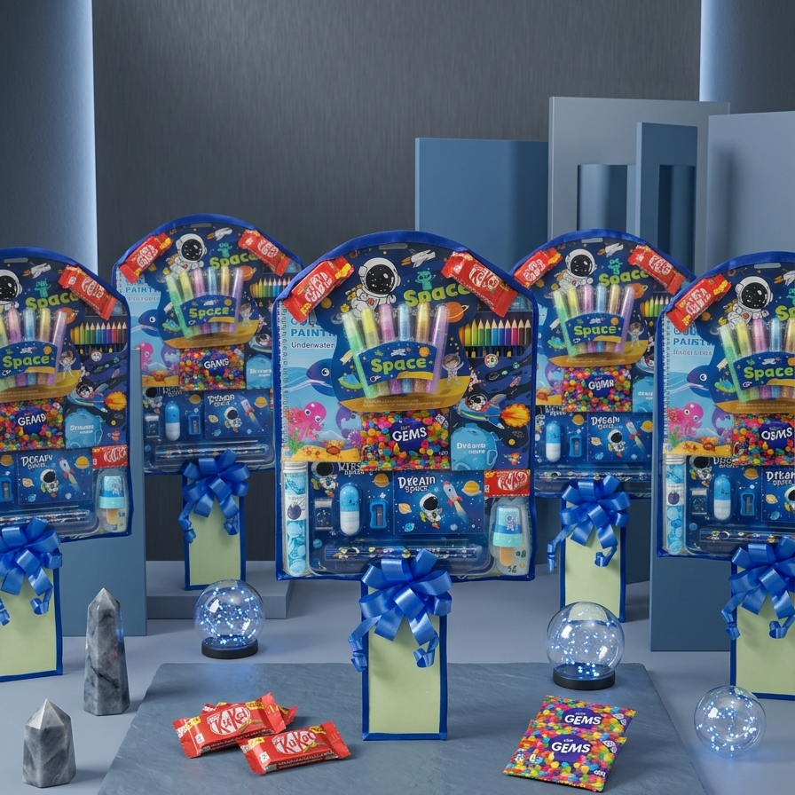 Kids party favor hamper with coloring kit and chocolates, Theme-based stationery and activity gift hamper for children