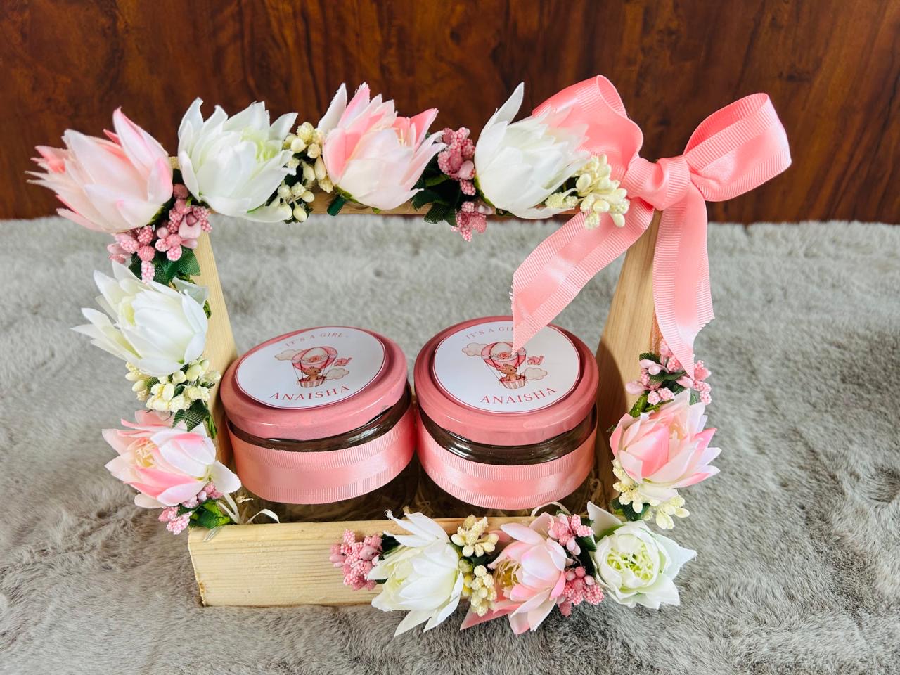 cashew almond glass jar gift basket in pinewood basket