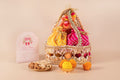 Decorative rafia basket with gota potli dry fruit hamper, Premium dry fruit gift basket for Diwali and weddings