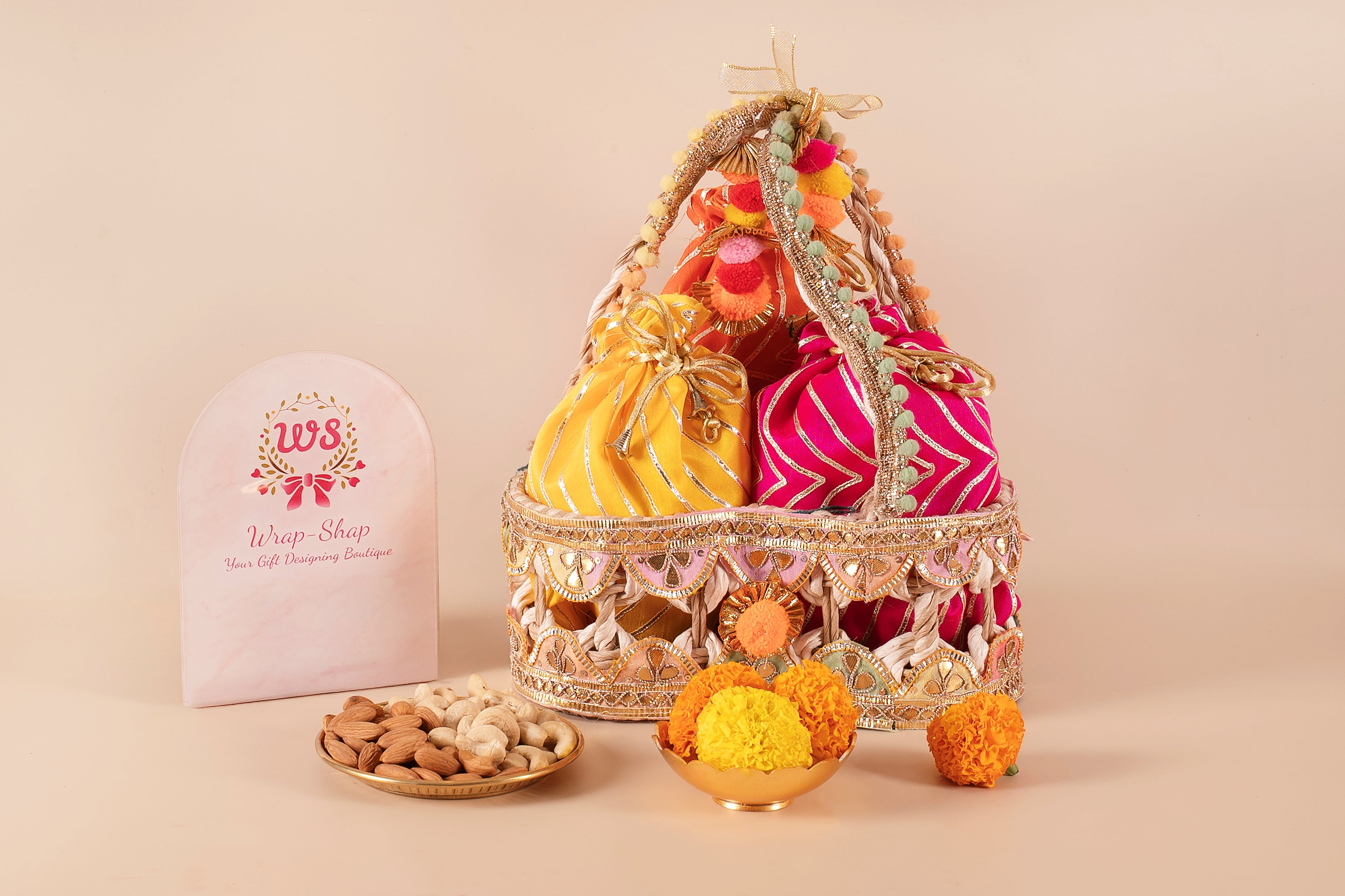 Decorative rafia basket with gota potli dry fruit hamper, Premium dry fruit gift basket for Diwali and weddings