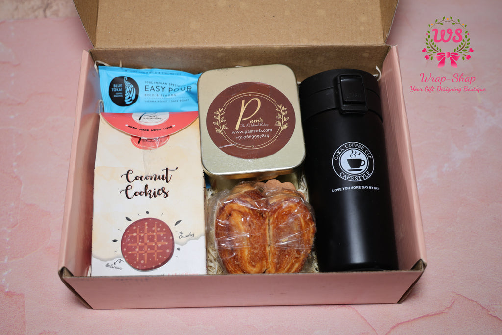 Wrap Shap gift hamper with insulated coffee tumbler, Blue Tokai coffee sachet, cookies, French hearts and chocolates in gift box for women