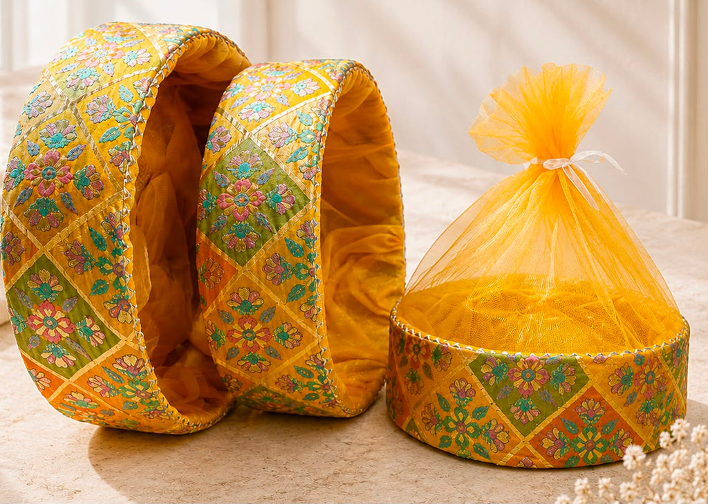 Colourful hamper basket for dry fruits, chocolates, sweets, gourmet gifts, fruits, and personalized gift collections. Reusable premium round gift basket for Diwali, Raksha Bandhan, weddings, baby showers, return favours, and corporate gifting