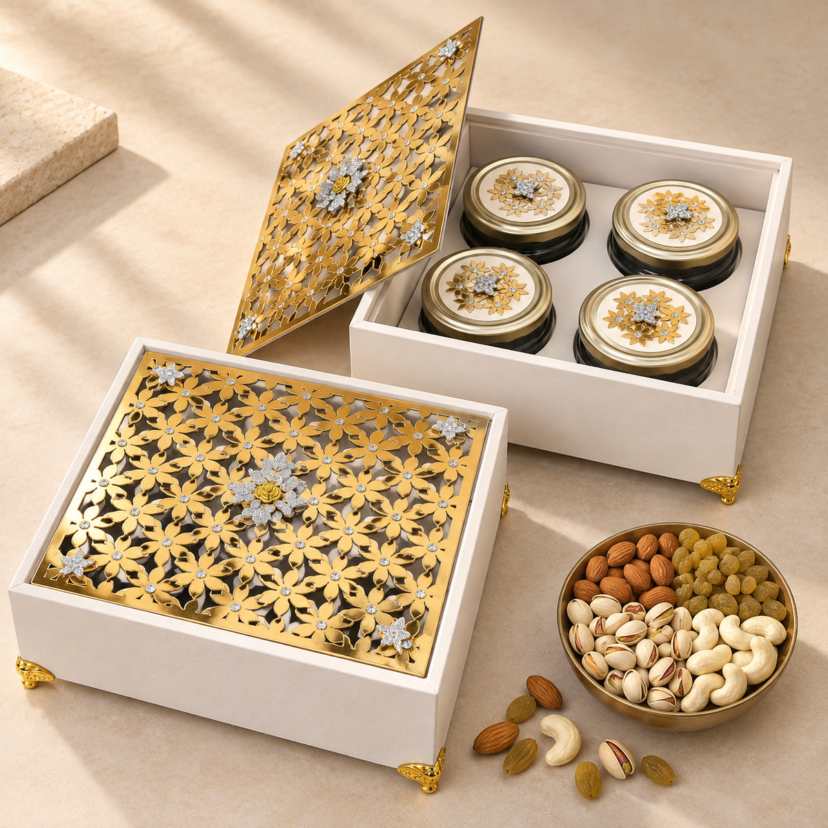 Luxury Four Jar Dry Fruit Gift Box with Acrylic Top by Wrap Shap