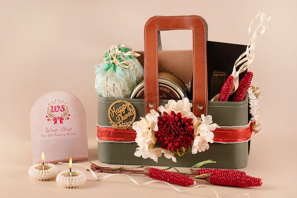 Corporate gifting hamper for employees and clients, Elegant Diwali gift basket with almonds, cashews, and festive décor