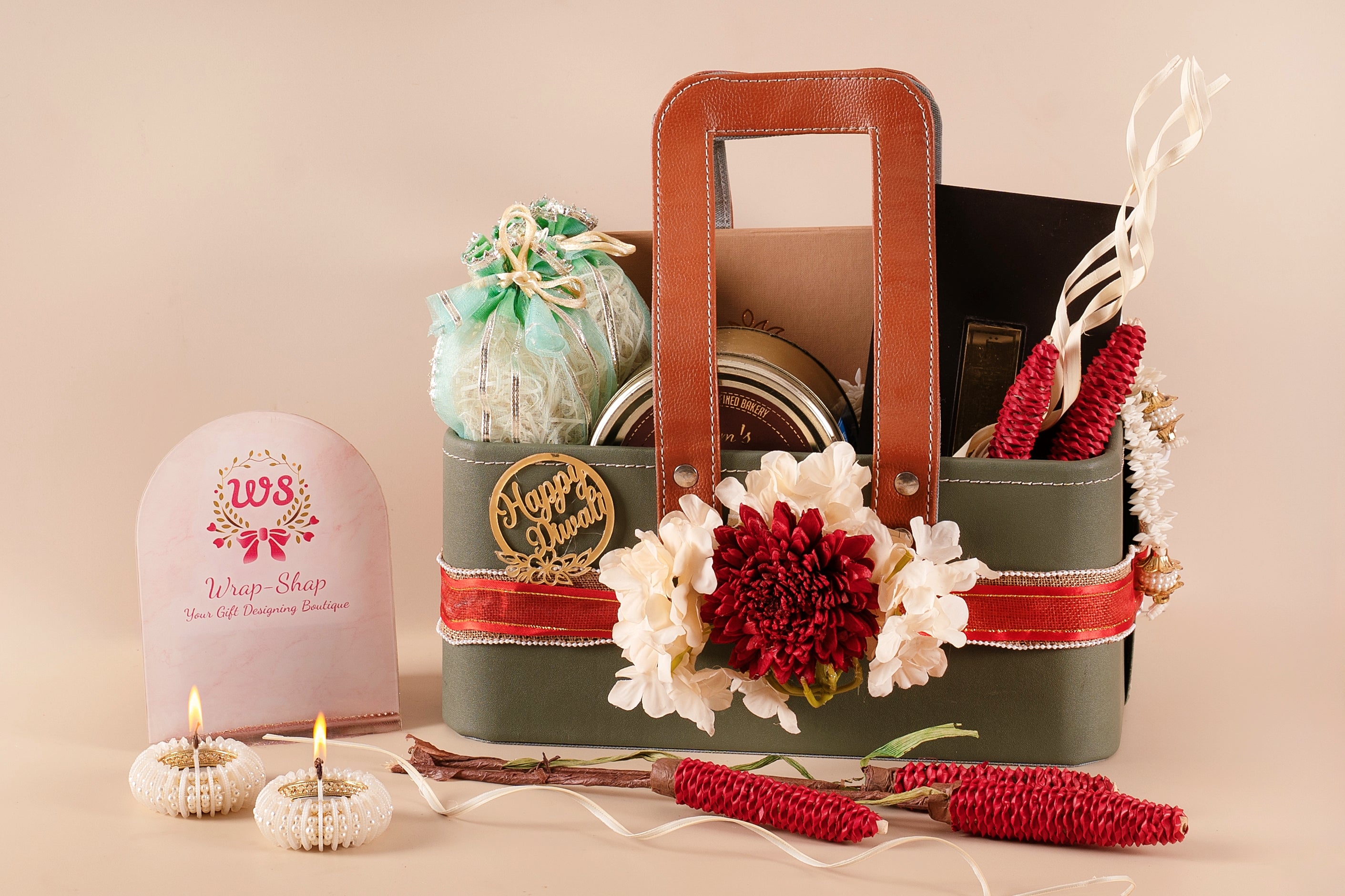 Corporate gifting hamper for employees and clients, Elegant Diwali gift basket with almonds, cashews, and festive décor