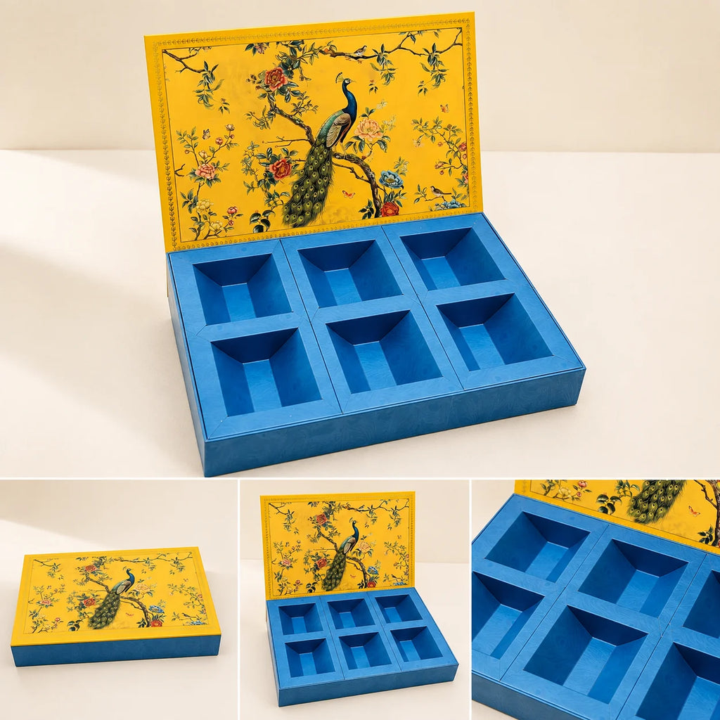 6 Partition Dry Fruit Box by Wrap Shap made from premium kappa board, ideal for dry fruits, chocolates, gourmet snacks, festive hampers, wedding favours, corporate gifting, and luxury gift packaging.