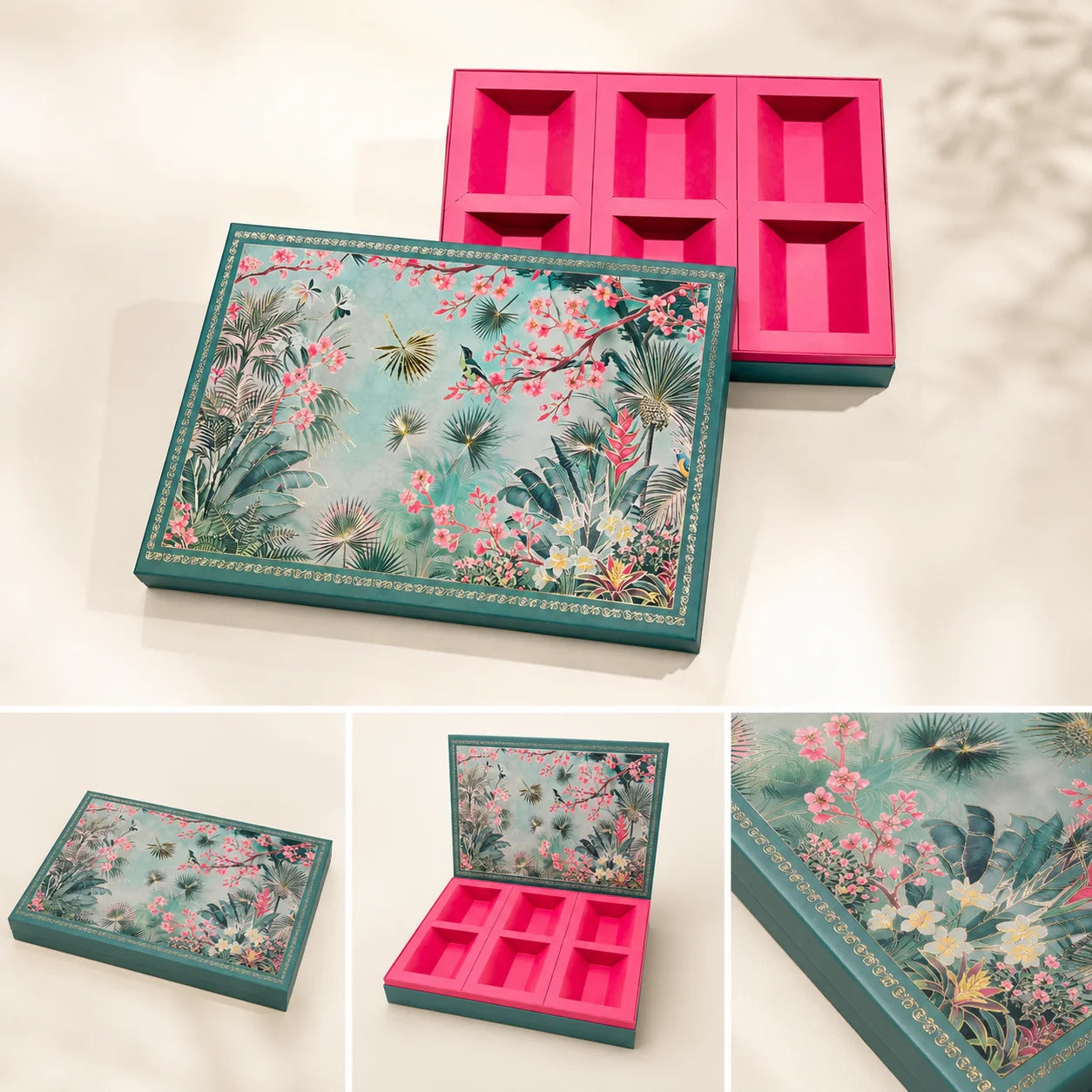 Large 6 Partition Dry Fruit Box by Wrap Shap made from premium kappa board, designed for dry fruits, chocolates, gourmet treats, festive hampers, luxury corporate gifting, wedding favours, and premium gift packaging.