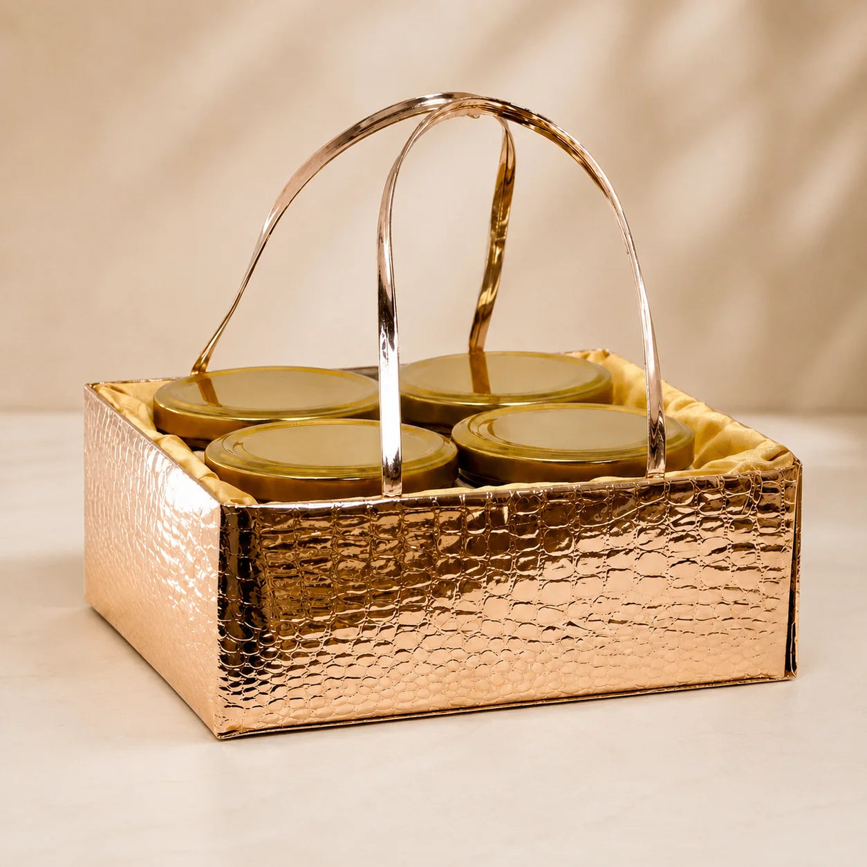 Premium Croc 4 Jar basket made from MDF with a luxurious crocodile texture finish for festive gifting, wedding hampers, and corporate gift packaging. Elegant crocodile pattern hamper basket designed to hold four dry fruit jars, chocolates, sweets, gourmet treats, and festive gifts.