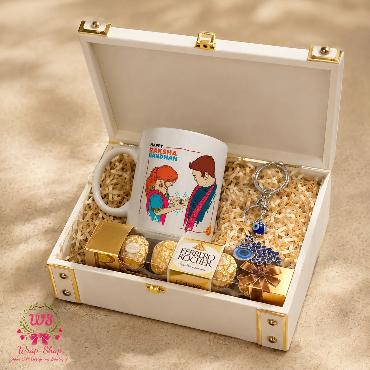 Personalized Photo Hamper by Wrap Shap featuring a custom photo mug, designer keychain, Ferrero Rocher 4-piece chocolate box, and premium gift box packaging for Raksha Bandhan gifting.