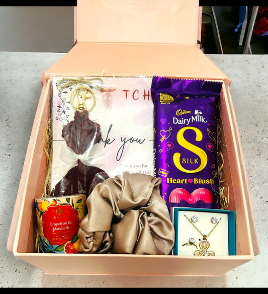 Chic Mother's Day Hamper: Macrame Key Chain, Ekam Scented Candle, Scrunchies, Jewelry, and Chocolate in a Magnetic Keepsake Box