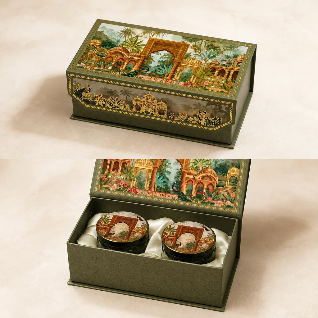 Darbar Dry Fruit Gift Box by Wrap Shap featuring premium kappa board construction with reusable glass jars in 2, 3, and 4 jar variants for Diwali gifting, weddings, corporate gifting, festive hampers, and luxury gift packaging.