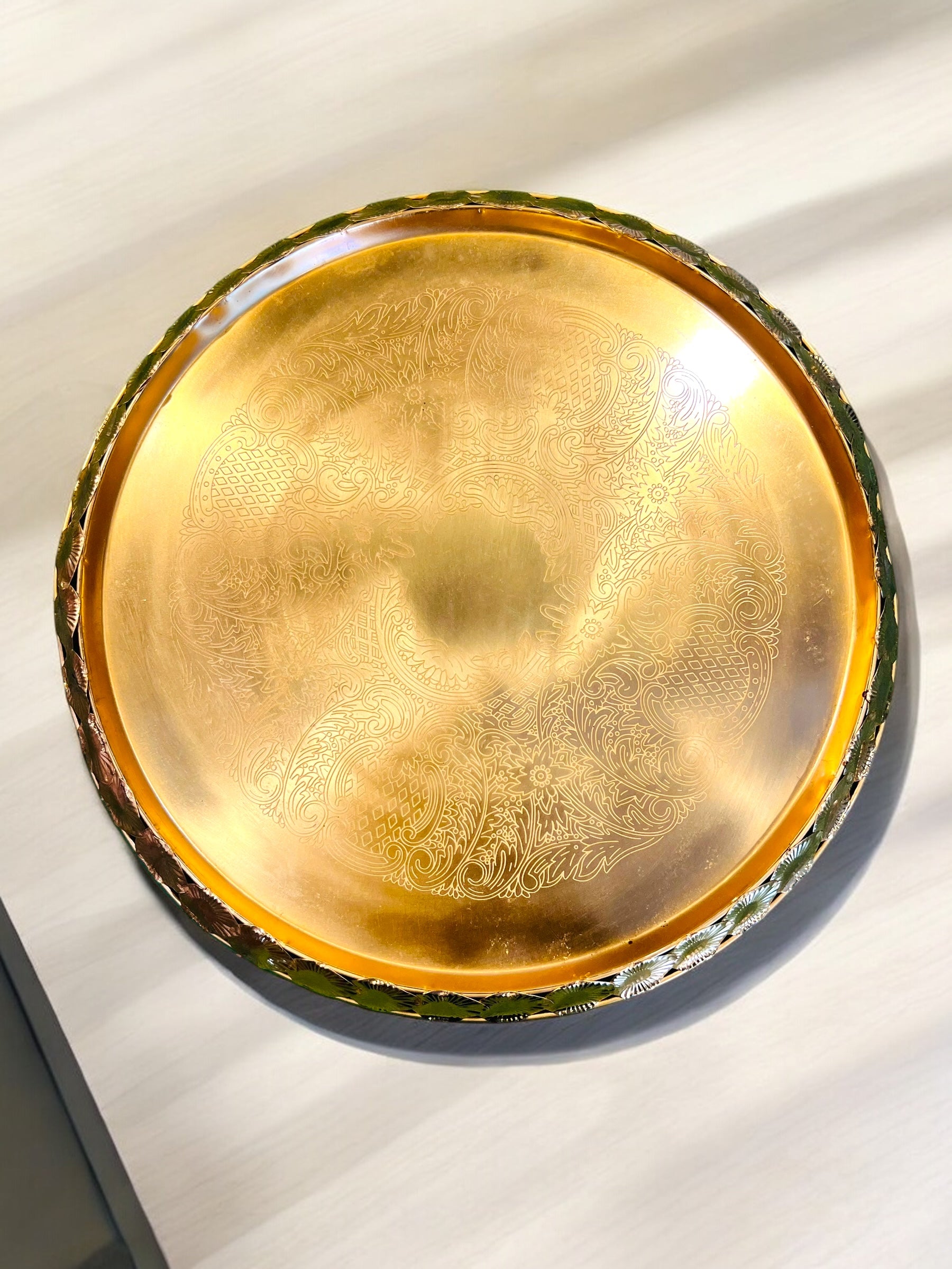 Designer heavy metal round platter for gifting dry fruits – premium 18-inch tray by Wrap Shap for weddings, Diwali, and festive occasions