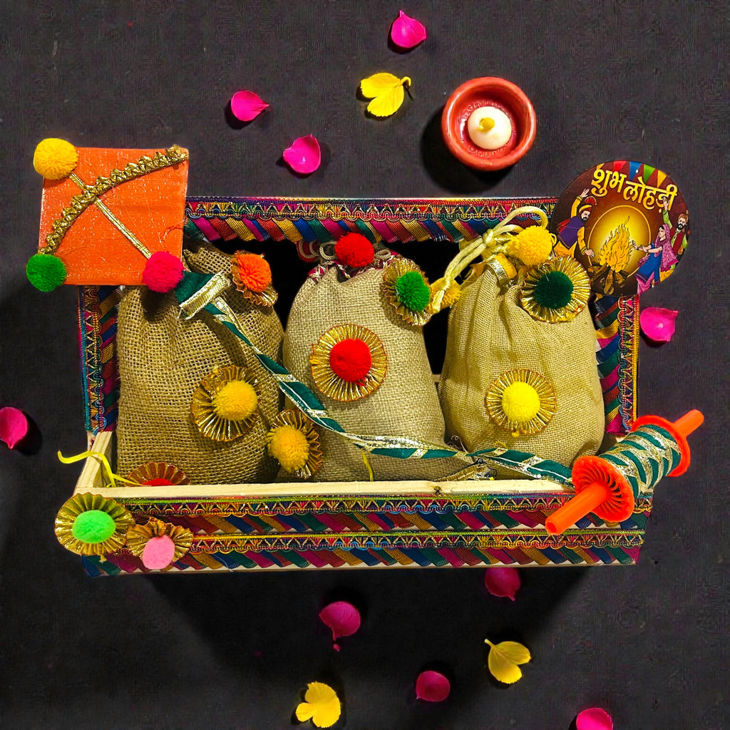 Lohri themed pine basket hamper with traditional snacks packed in jute potlis