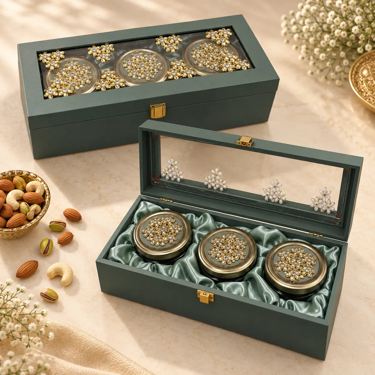 Premium diamond leather 3 jar dry fruit gift box in assorted colours by Wrap Shap