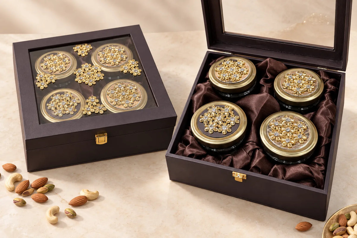 Premium diamond leather 4 jar dry fruit gift box in assorted colours by Wrap Shap