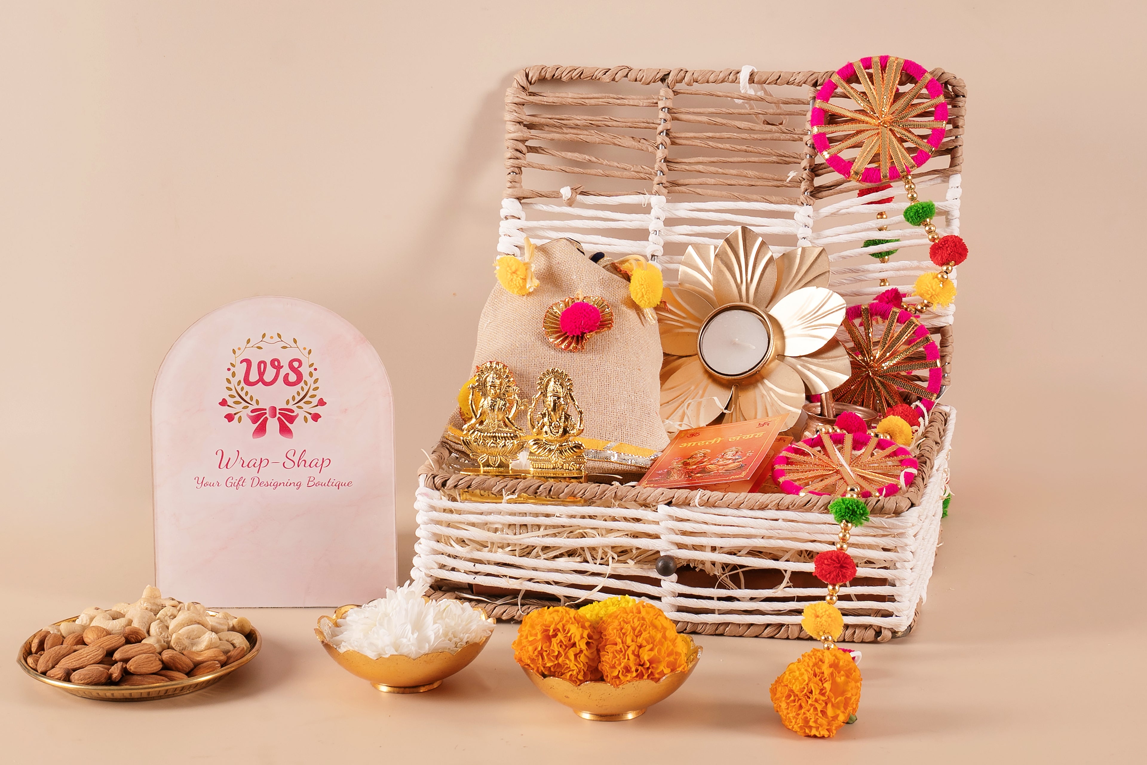 Diwali pooja hamper with Laxmi Ganesh idol and pooja essentials, Premium festive gift box with toran, diya, and kalash