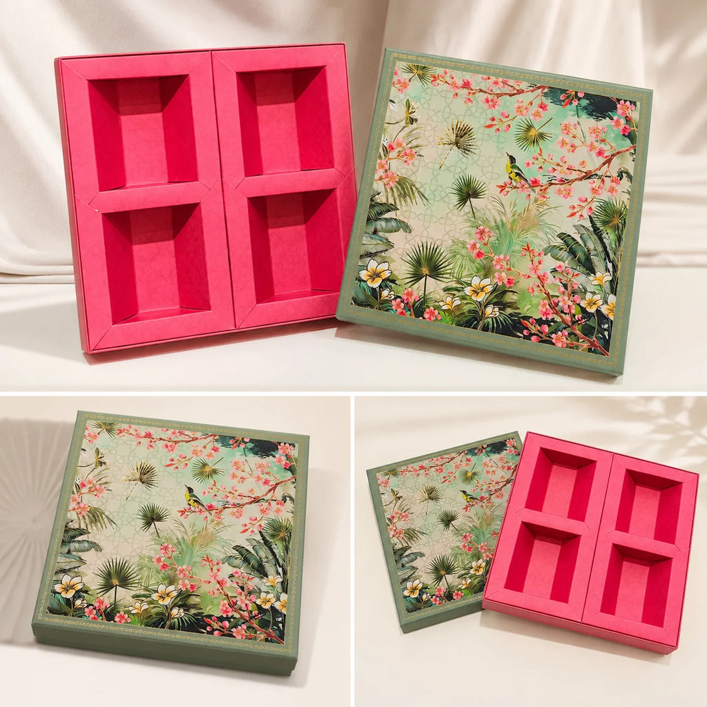 4 Partition Dry Fruit Box by Wrap Shap made from premium kappa board in assorted designs, ideal for dry fruits, chocolates, sweets, festive hampers, wedding favours, corporate gifting, and bulk gift packaging.