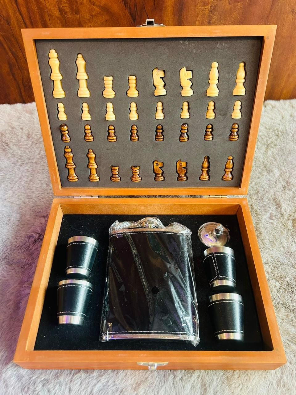 Handcrafted Wooden Chess Box with Mini Bar Set – Includes Flask and 4 Shot Glasses