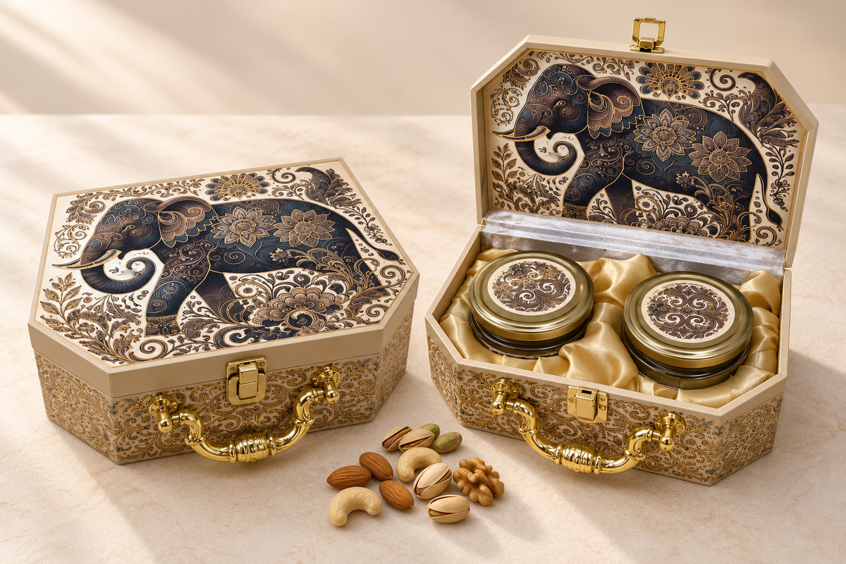 Elephant Print Two Jar Dry Fruit Gift Box with Rounded Edges by Wrap Shap