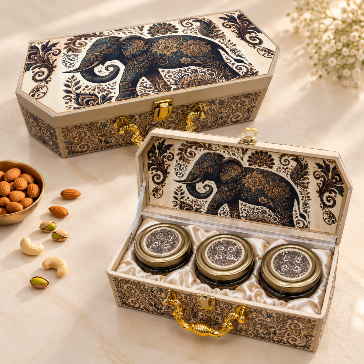 Elephant Print Three Jar Dry Fruit Gift Box with Rounded Edges by Wrap Shap