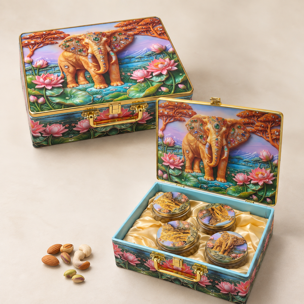 Crystal Four Jar Dry Fruit Gift Box with Elephant and Peacock Print by Wrap Shap