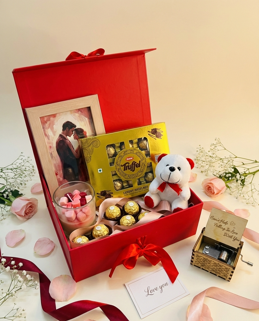 Five senses Valentine gift hamper in premium rigid gift box