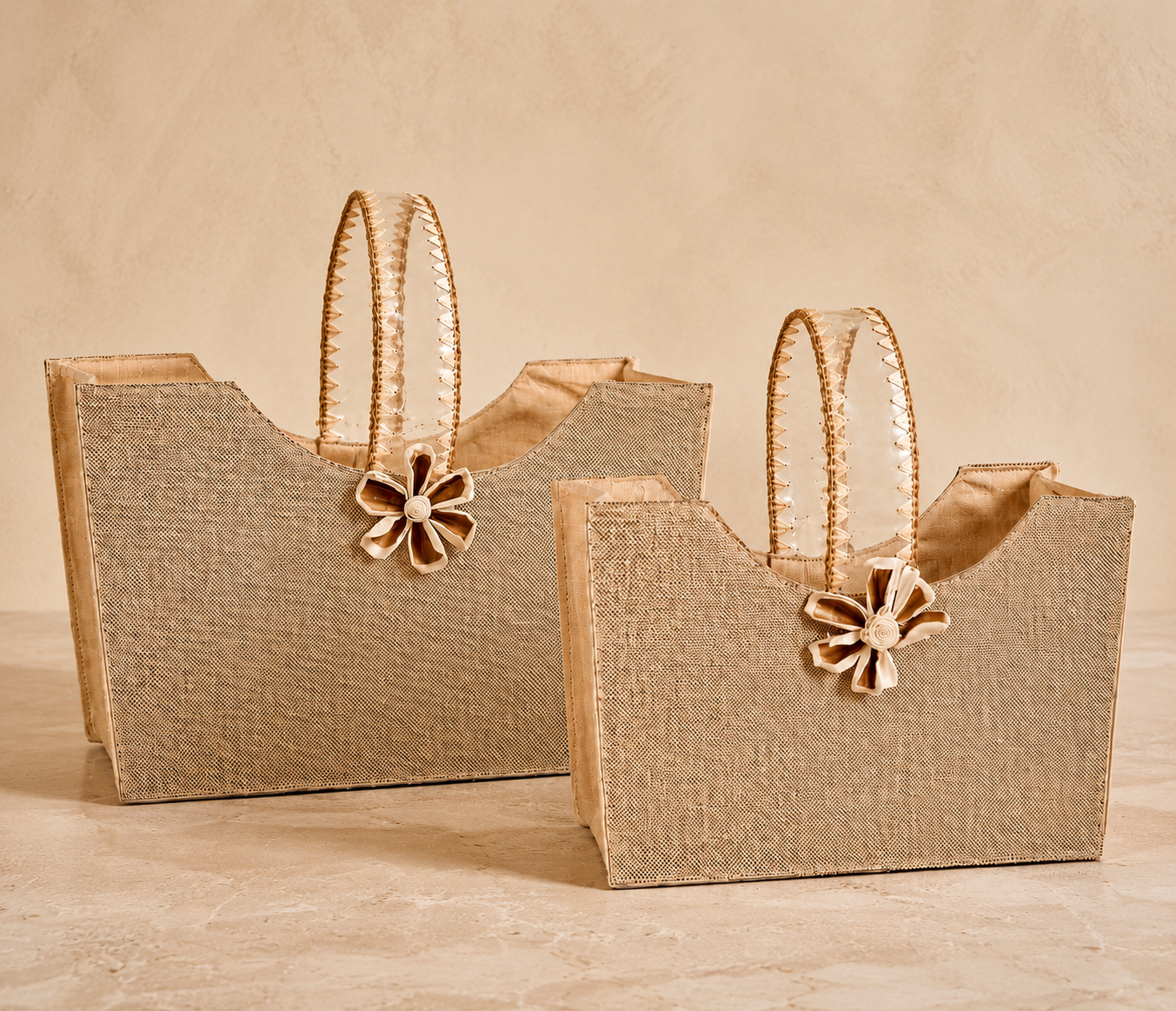 Premium foldable fabric jute gift basket with Kappa board reinforcement for corporate gifting and luxury hampers
