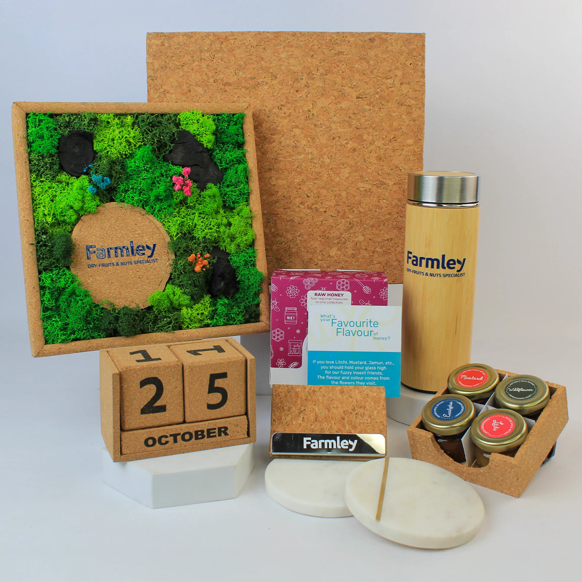 Forest inspired corporate gift hamper with bamboo bottle and honey
