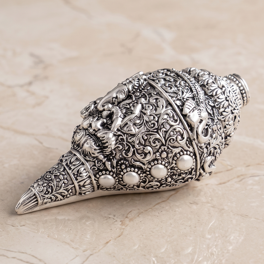 Luxury spiritual décor featuring Lord Ganesha on a sacred Shankh with premium craftsmanship
