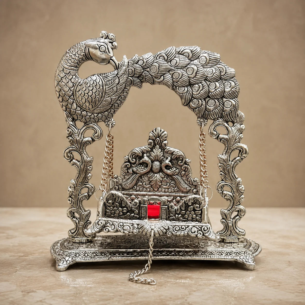 German Silver Krishna Jhula with peacock design by Wrap Shap, premium 4x5 inch Laddu Gopal Palna for Krishna Janmashtami, Jhulan Utsav, Bal Gopal idols, home temple décor, and devotional gifting.