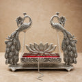 German Silver Krishna Jhula with peacock design by Wrap Shap, premium 6x6 inch Laddu Gopal Palna for Krishna Janmashtami, Jhulan Utsav, Bal Gopal idols, home temple décor, and devotional gifting.