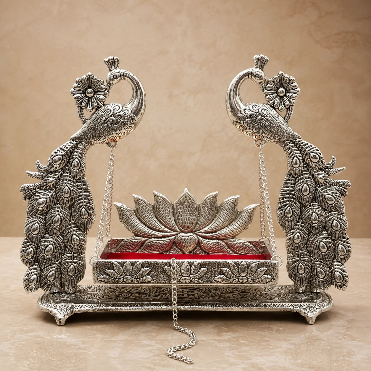 German Silver Krishna Jhula with peacock design by Wrap Shap, premium 6x6 inch Laddu Gopal Palna for Krishna Janmashtami, Jhulan Utsav, Bal Gopal idols, home temple décor, and devotional gifting.