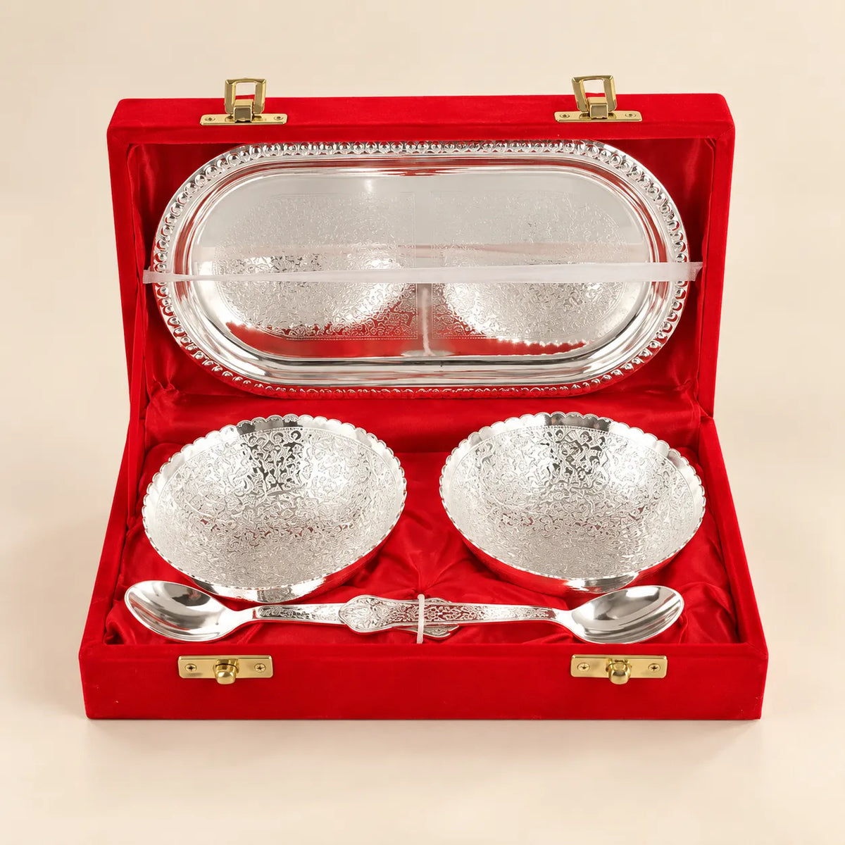 German silver-plated brass two bowl tray and spoon set in a premium velvet gift box by Wrap Shap