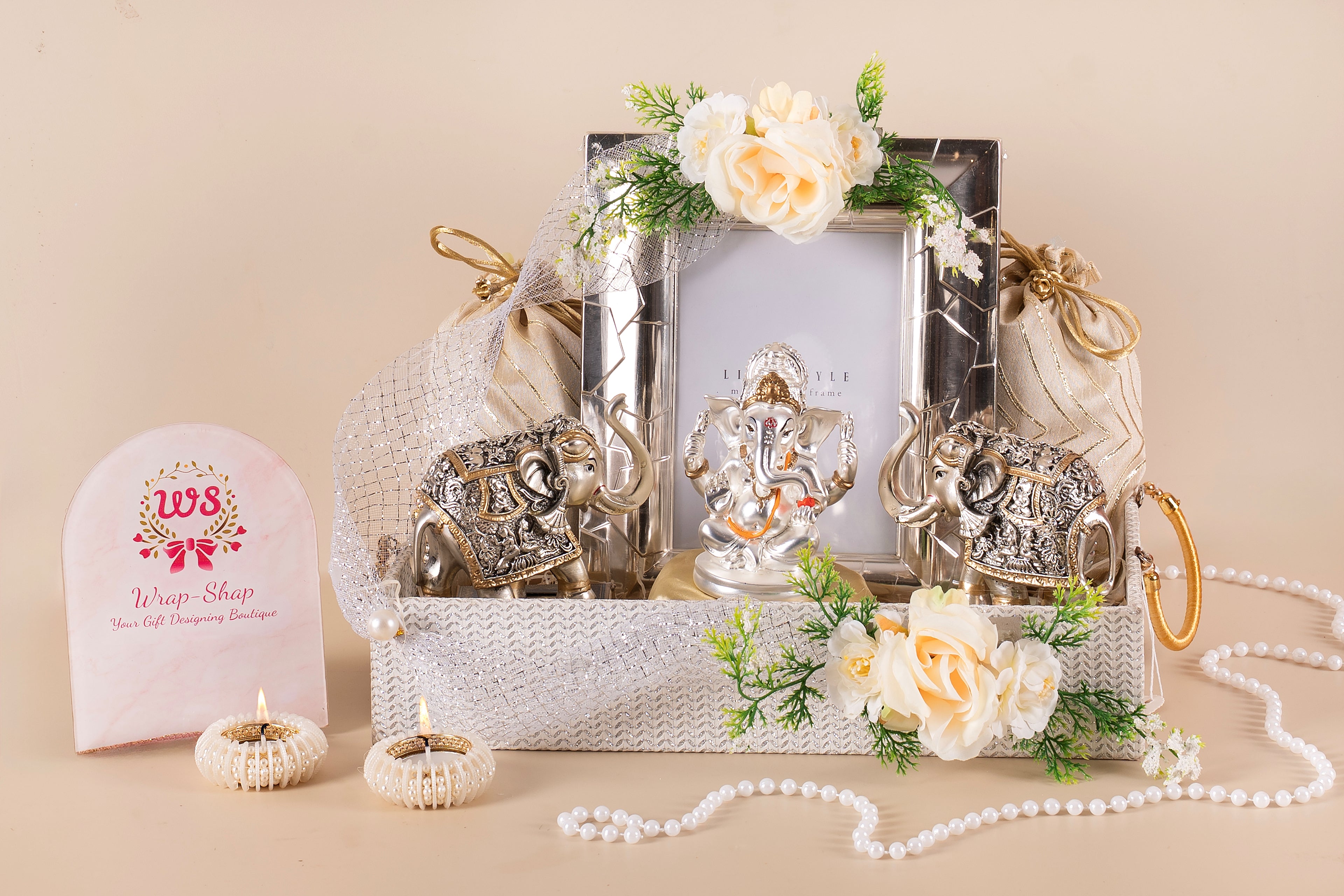 Luxury wedding invitation platter with German Silver Ganesh Ji and dry fruits, Premium Diwali gift hamper with silver elephants and photo frame