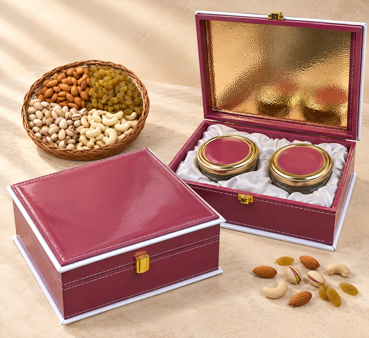 Gloss leather 2 jar dry fruit gift box in assorted colours by Wrap Shap
