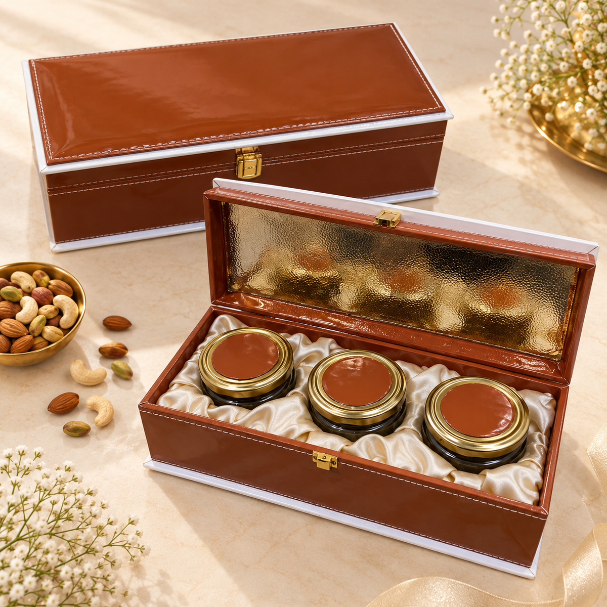 Gloss leather 3 jar dry fruit gift box in assorted colours by Wrap Shap