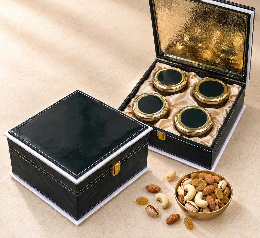 Gloss leather 4 jar dry fruit gift box in assorted colours by Wrap Shap