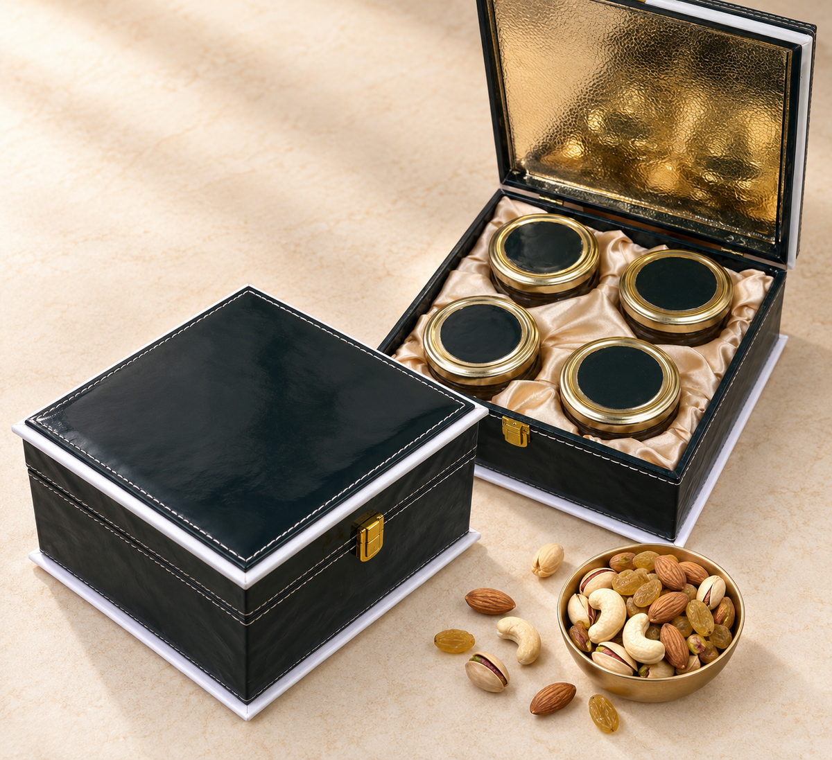 Gloss leather 4 jar dry fruit gift box in assorted colours by Wrap Shap