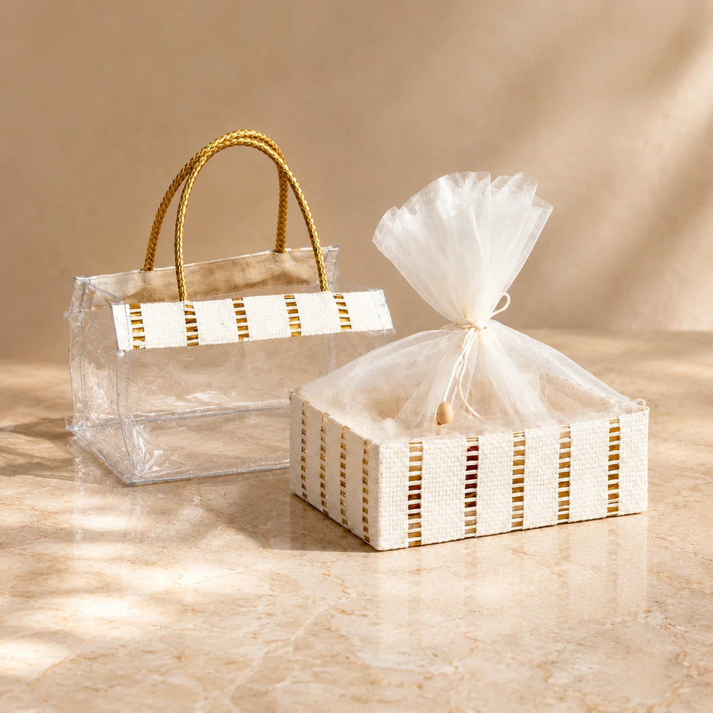 Designer Gold gift basket with PVC bag for Diwali gifting, bridal trousseau, boutique hampers, and premium retail packaging. Wholesale MDF Gold basket for sweet shops, dry fruit retailers, gourmet brands, corporate gifting companies, exporters, retailers, and event planners