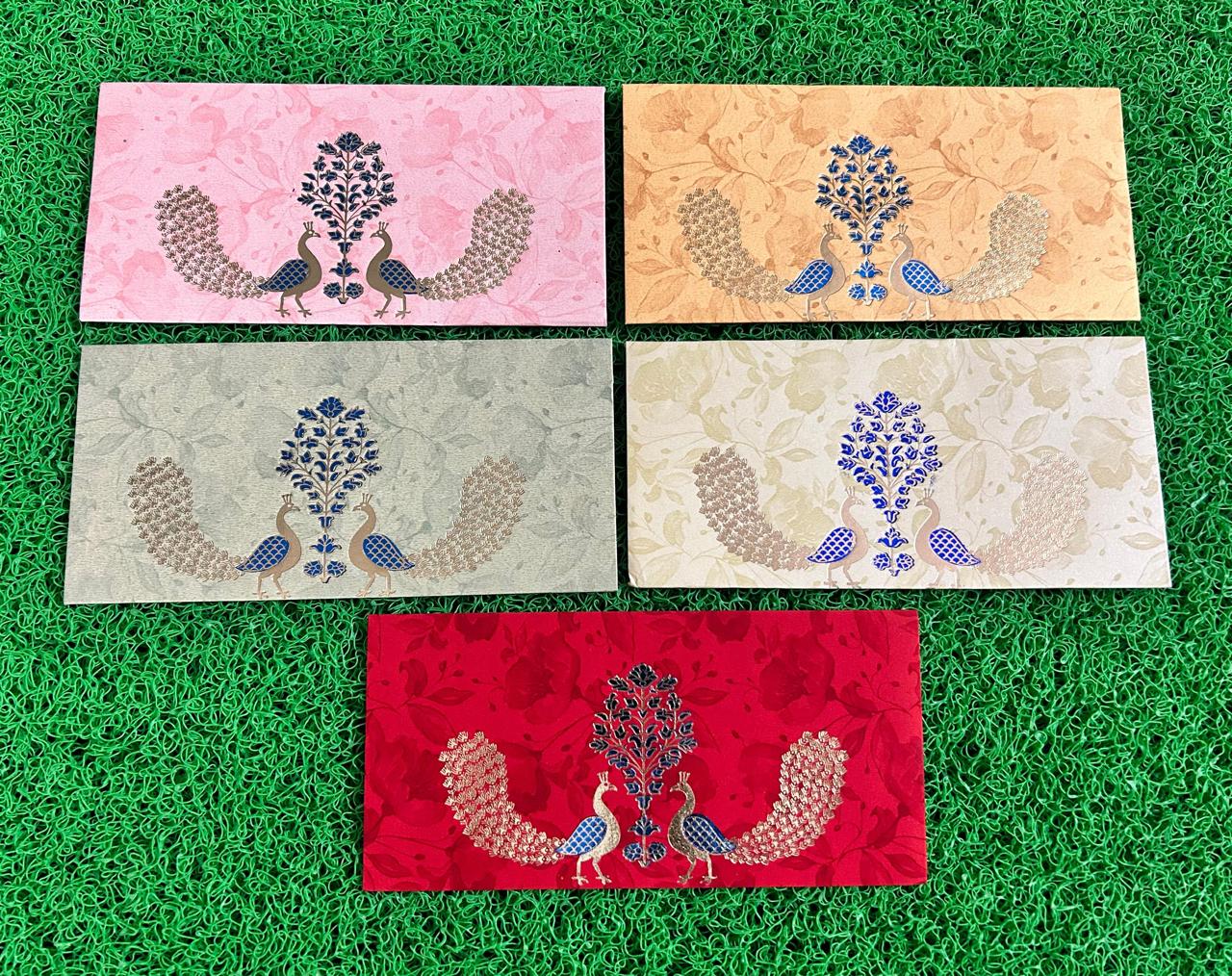 Premium paper shagun envelope with gold foil peacock print pack of 10