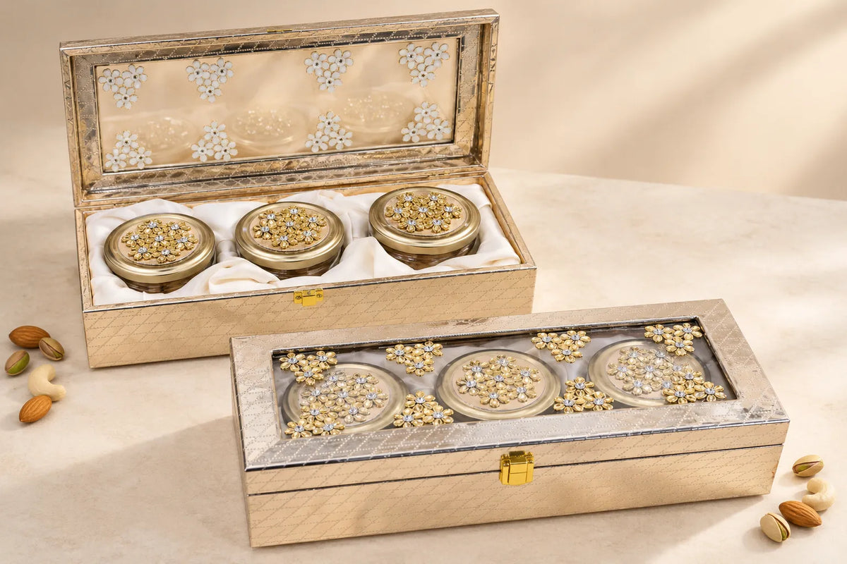Premium golden diamond 3 jar dry fruit gift box by Wrap Shap