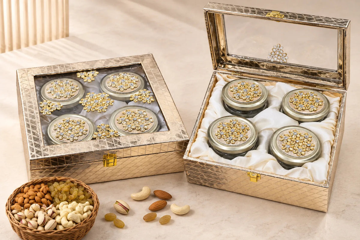 Premium golden diamond 4 jar dry fruit gift box by Wrap Shap