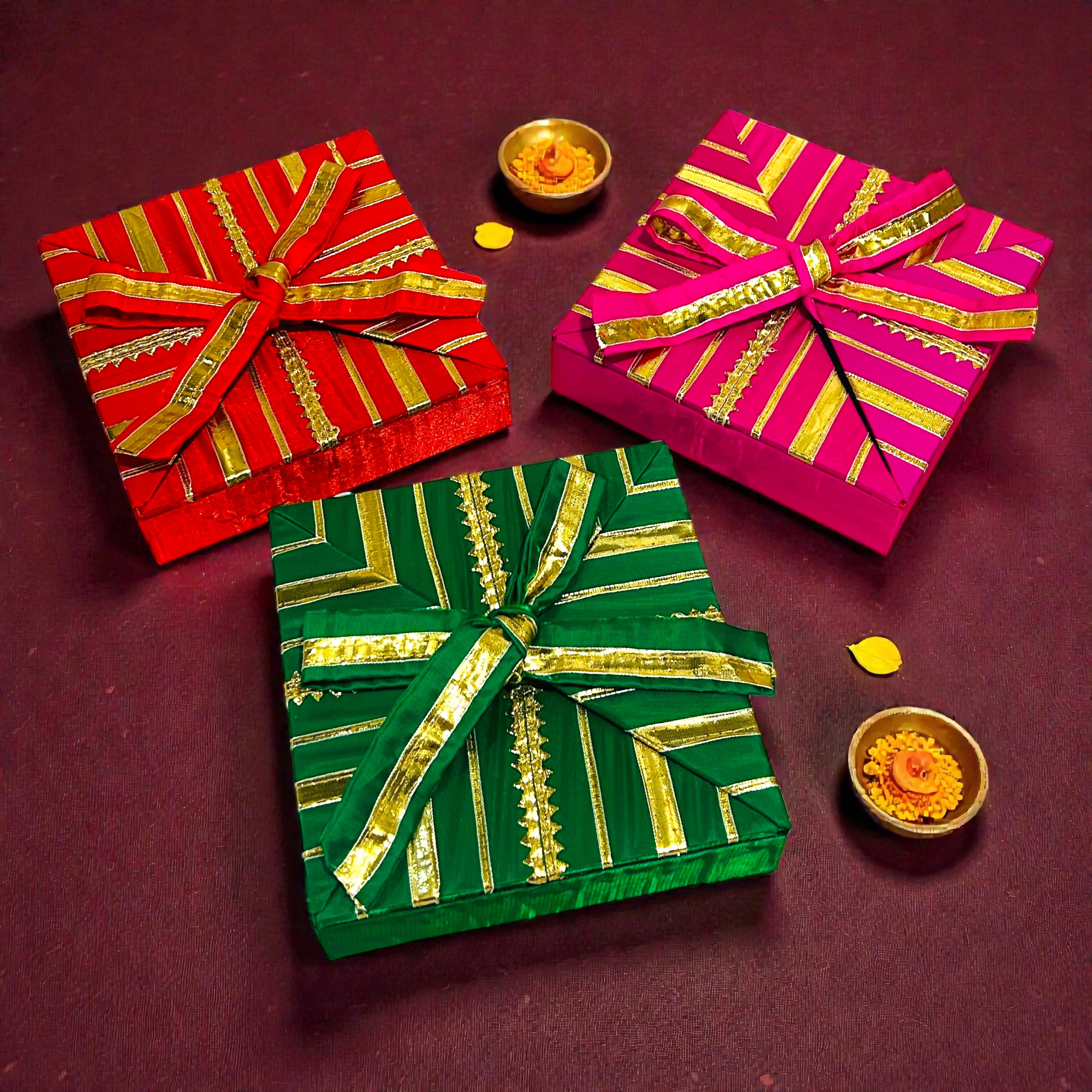 Colourful gota gift box Lohri hamper with chikki, revdi, popcorn and moongfali.