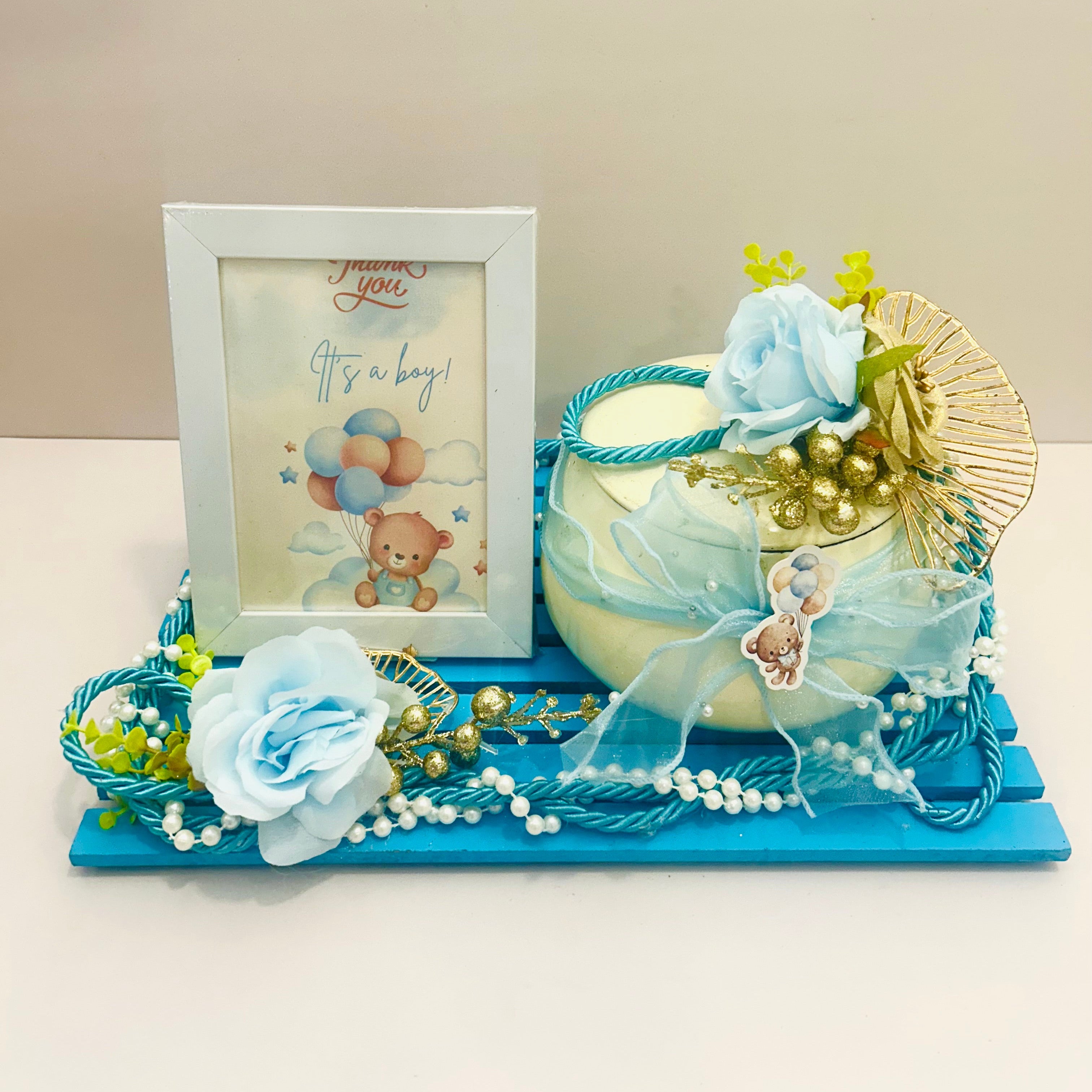 Its a boy announcement rasgulla hamper in pinewood platter