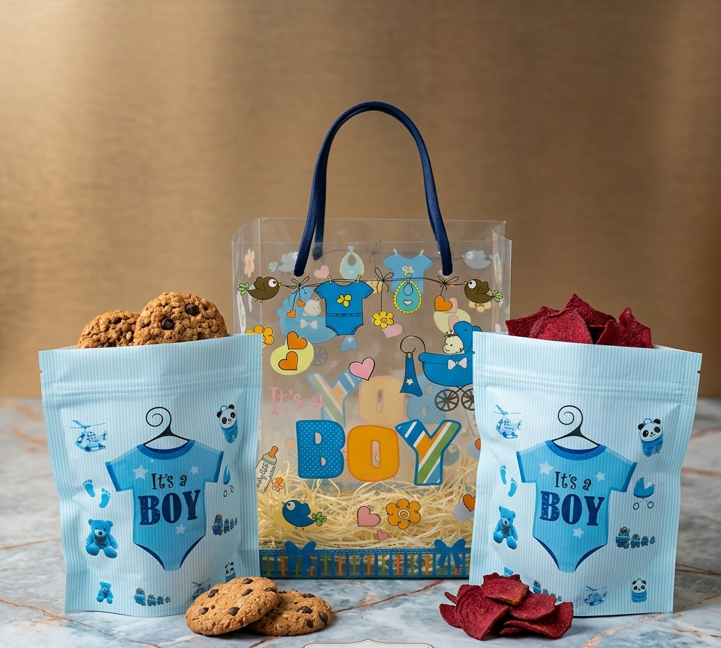 Its a boy PVC hamper bag with cookies and beetroot chips