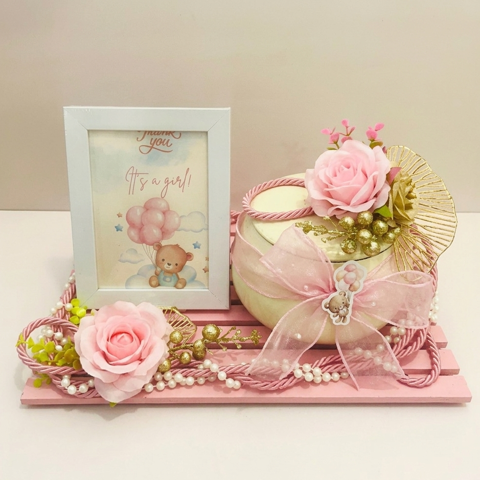 Its a girl announcement rasgulla hamper in pinewood platter