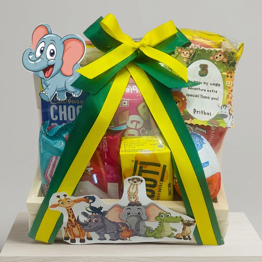 Jungle theme kids return gift hamper in pinewood basket