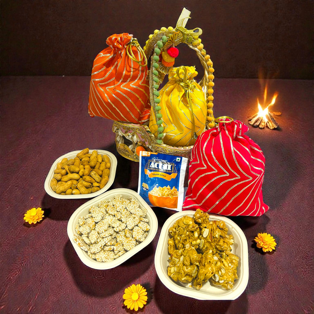 Lohri gift hamper in jute basket with colourful gota potli containing revdi, peanut chikki and moongfali